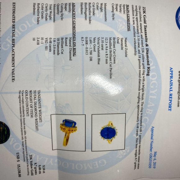 Certified Tanzanite 5.10ct Diamonds 22K Gold Ring - Picture 7 of 7